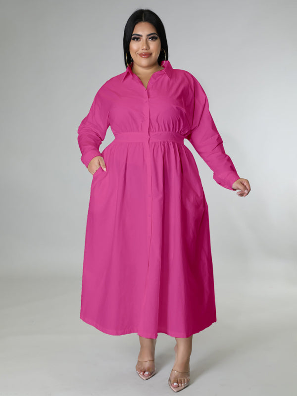 New plus size women's solid color long-sleeved shirt dress - bertofonsi