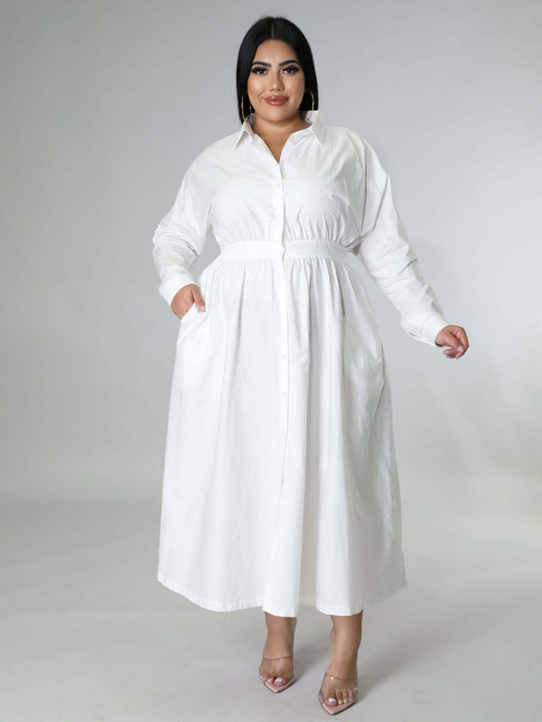 New plus size women's solid color long-sleeved shirt dress - bertofonsi