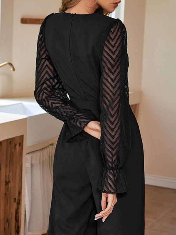 Women's Black Stitching See-Through Slim Elegant Jumpsuit - bertofonsi