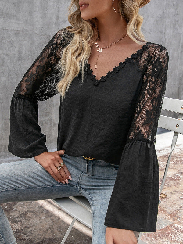 Women's solid color splicing lace hollow V-neck long-sleeved top - bertofonsi